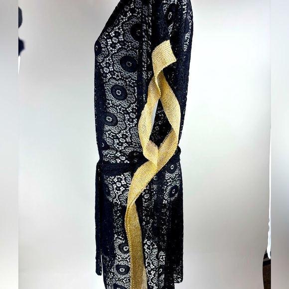 NWOT Black and Gold Kaftan Floral Crochet Swim Coverup with Belted Waist - Picture 8 of 10